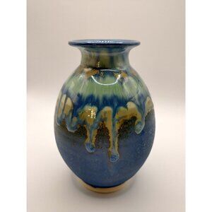 Handcrafted Moon Rd Pottery Vase with Blue & Green Drip Glaze - Ceramic Art Deco